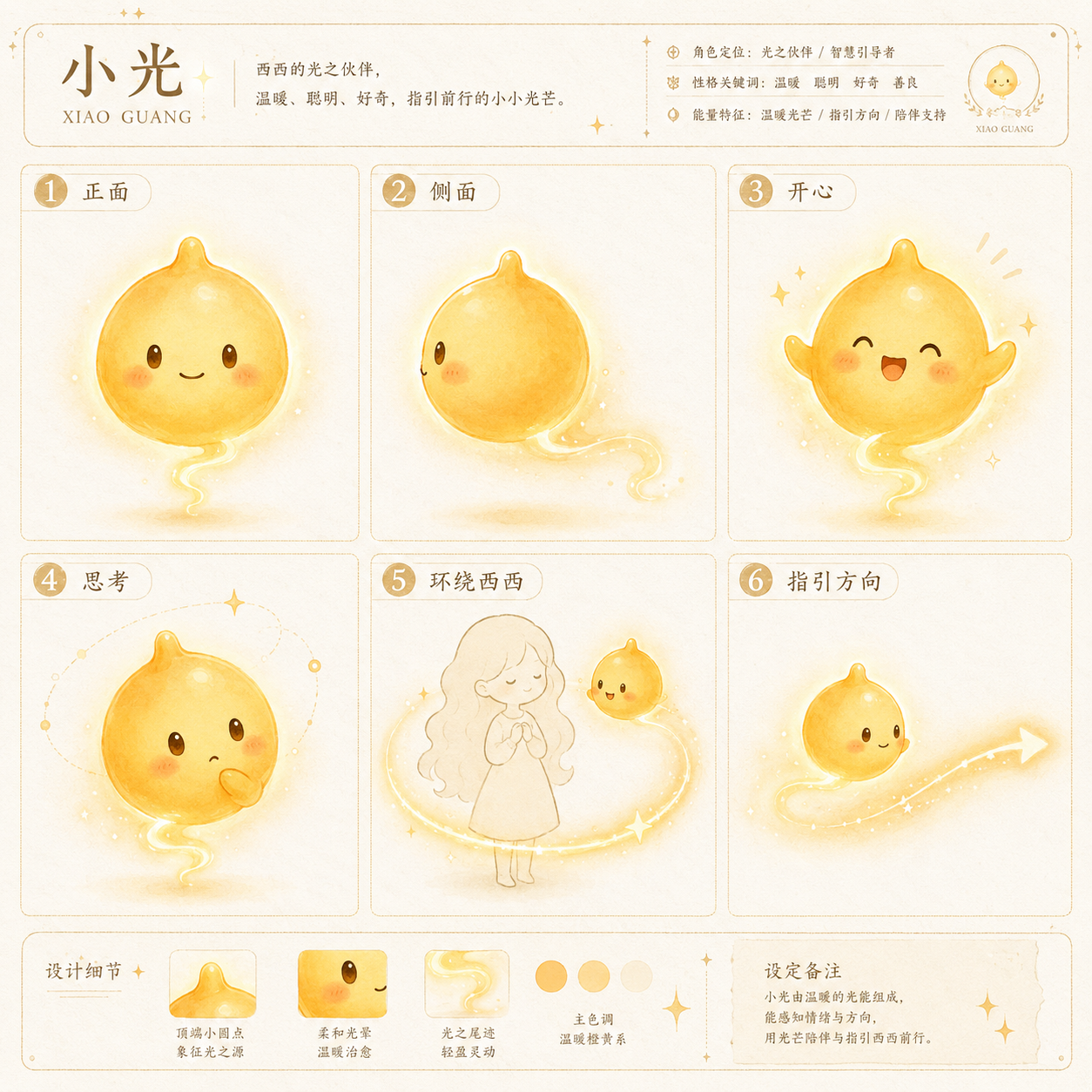 小光的正式角色设定图,包含正面、侧面、开心、思考、环绕与指引状态