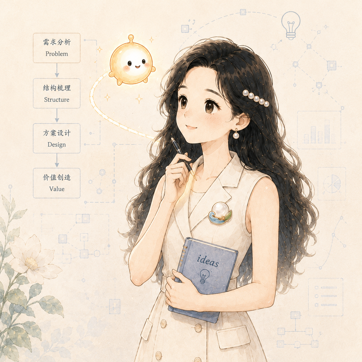 西西与小光的设计锚点图,展示需求分析、结构梳理、方案设计与价值创造