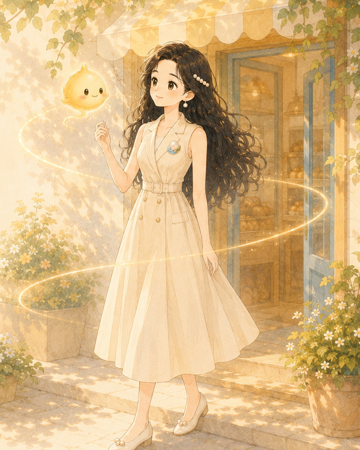 西西与小光站在明亮花园中的角色视觉